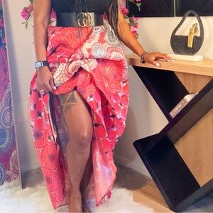 Vibrant Red Patterned Midi Skirt